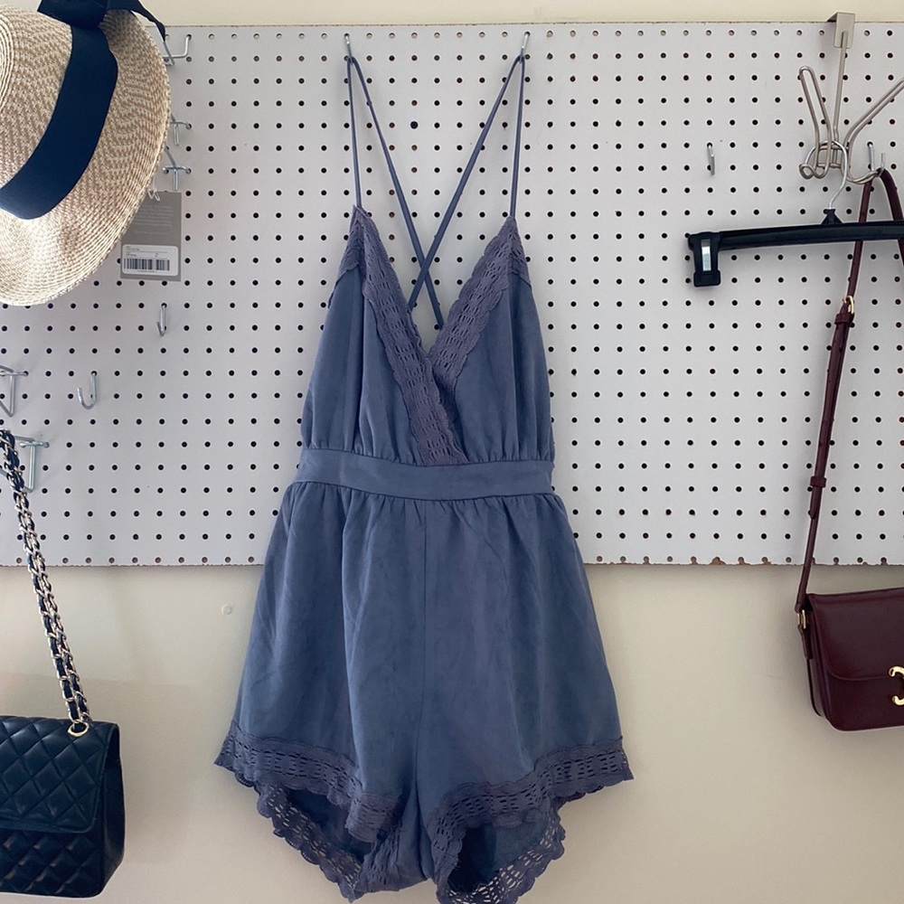 She + Sky Blue Suede Short Romper Medium